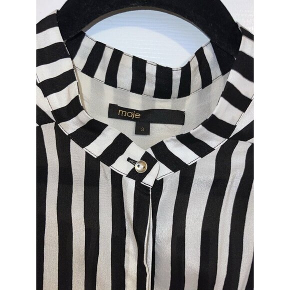 MAJE Black Ivory Striped Long Sleeve Hidden Button Blouse Sz 3/ L - Picture 4 of 13